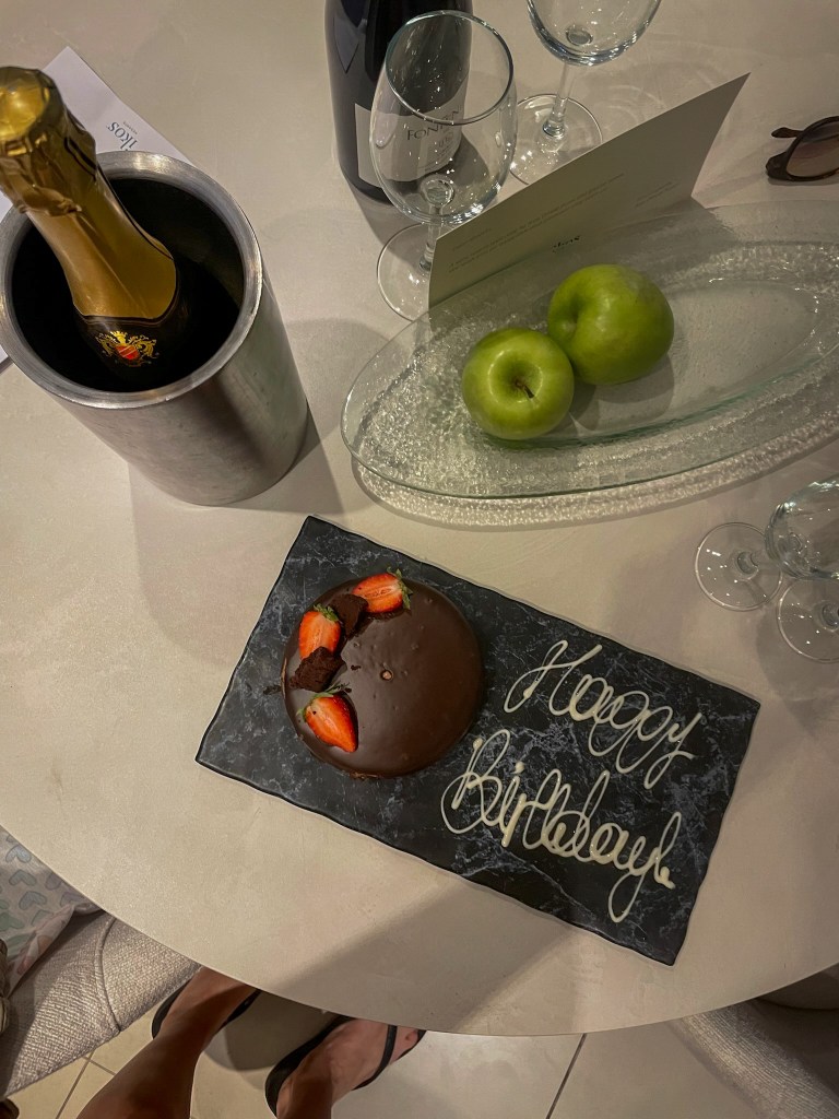 A room service Happy Birthday gift at Ikos Olivia